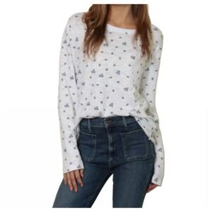 Dylan Ditsy Floral Long Sleeve Embroidered Tee Women M White Blue Cotton EUC